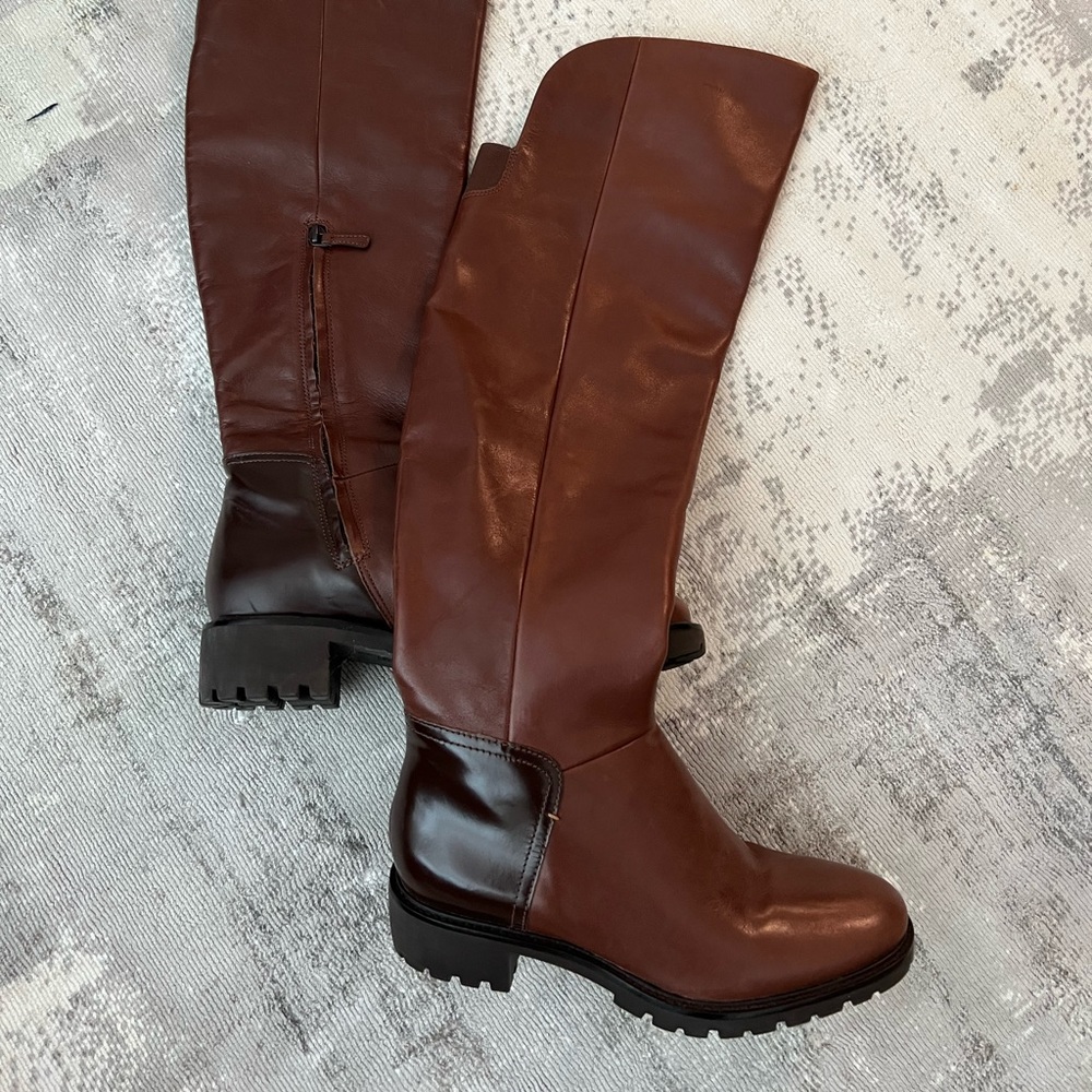 Over-the-knee Cole Haan brown leather & weatherproof boots. Size 7.5. Never worn